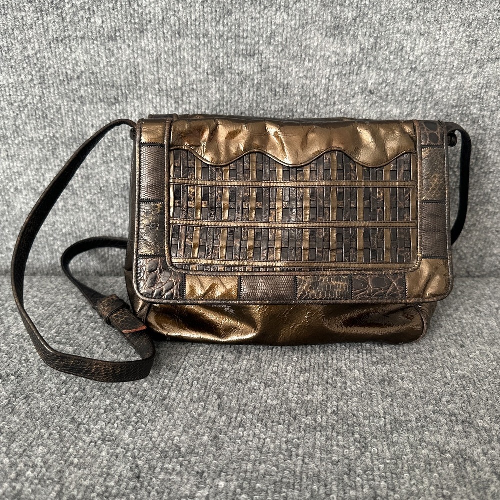 Vintage 80s Sharif Purse Womens Metallic Patent Leather Patchwork Crossbody